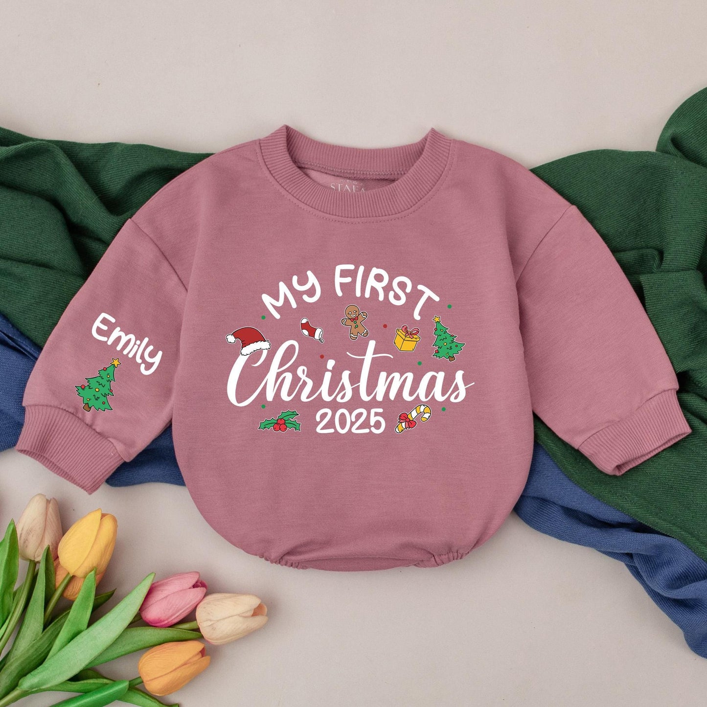 Personalized First Christmas 2025 Baby Romper, Custom Name Xmas Outfit with Santa & Tree, Newborn Winter Bodysuit, Holiday Gift (132 chars)