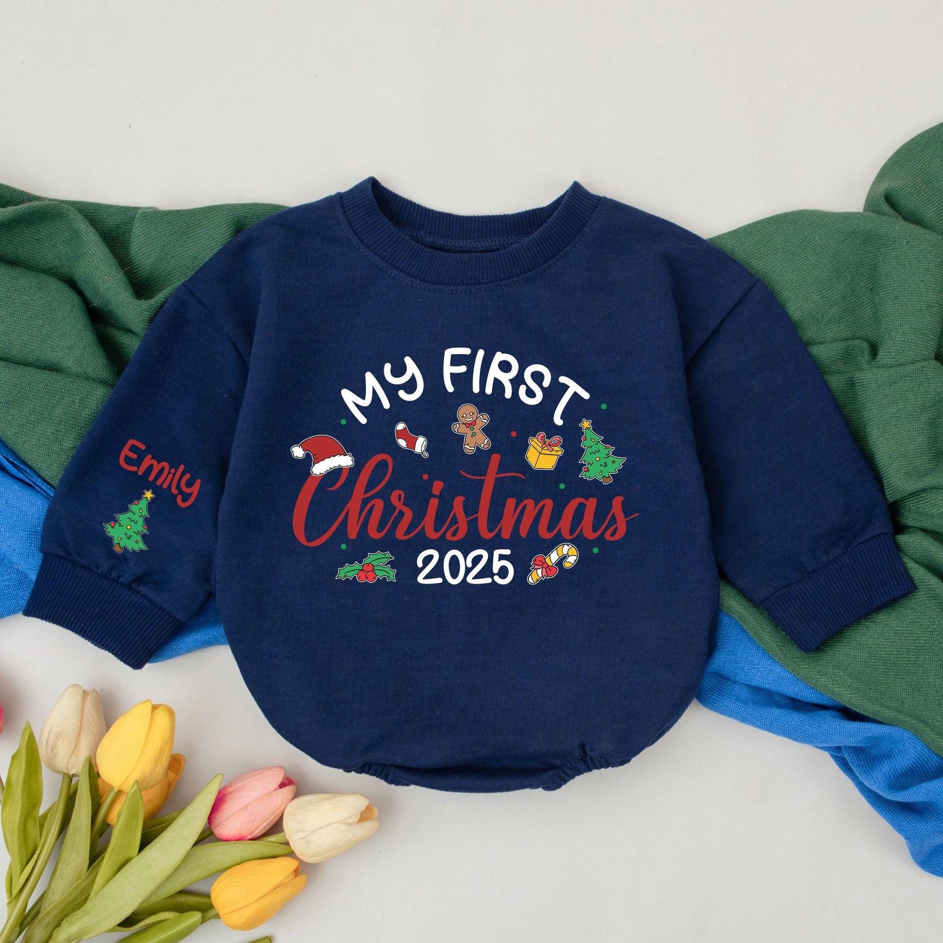 Personalized First Christmas 2025 Baby Romper, Custom Name Xmas Outfit with Santa & Tree, Newborn Winter Bodysuit, Holiday Gift (132 chars)
