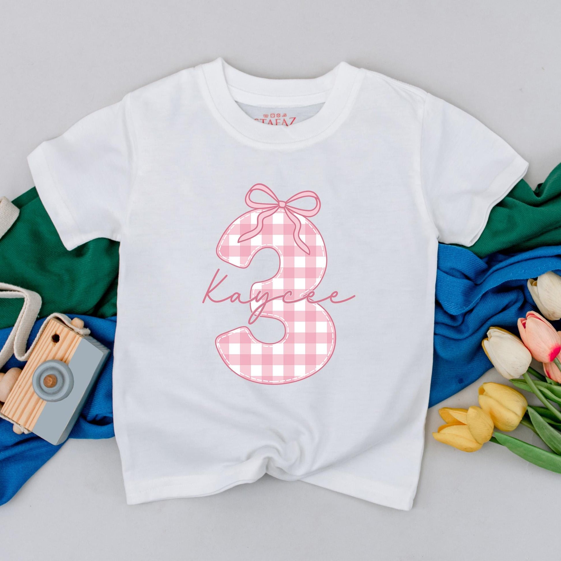 Kaycee's Pink Gingham '3' Birthday Tee Cute 3rd Birthday Girl Outfit Personalized Name Toddler Baby Party Gift