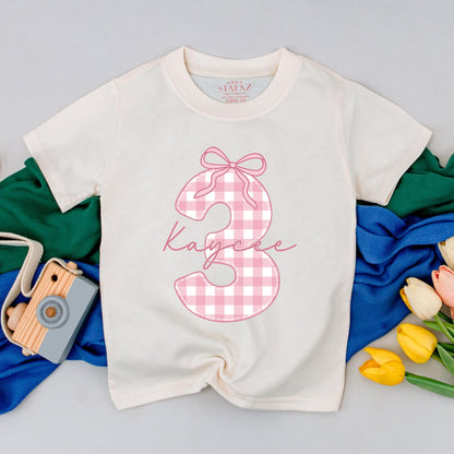 Kaycee's Pink Gingham '3' Birthday Tee Cute 3rd Birthday Girl Outfit Personalized Name Toddler Baby Party Gift