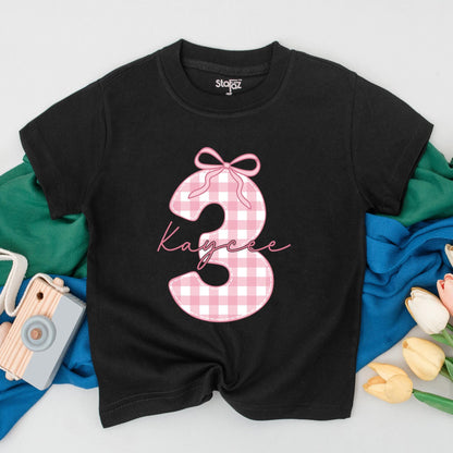 Kaycee's Pink Gingham '3' Birthday Tee Cute 3rd Birthday Girl Outfit Personalized Name Toddler Baby Party Gift