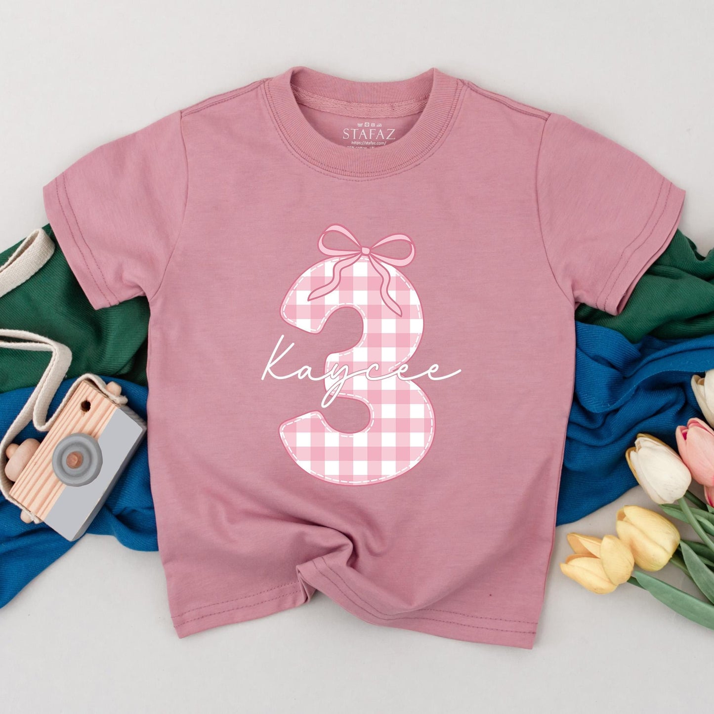 Kaycee's Pink Gingham '3' Birthday Tee Cute 3rd Birthday Girl Outfit Personalized Name Toddler Baby Party Gift