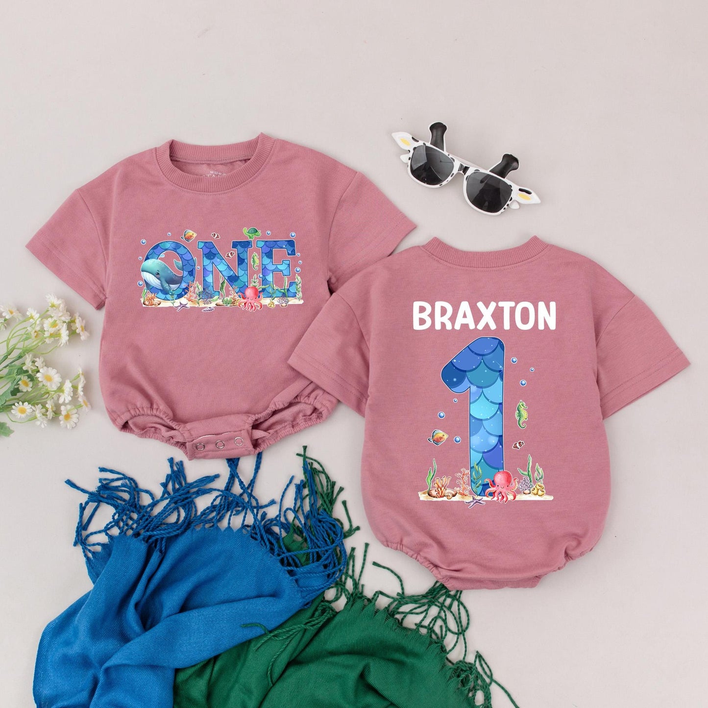Personalized Braxton's One-der the Sea Birthday Romper: Ocean Theme 1st Birthday Outfit for Baby Boy or Girl, Cake Smash