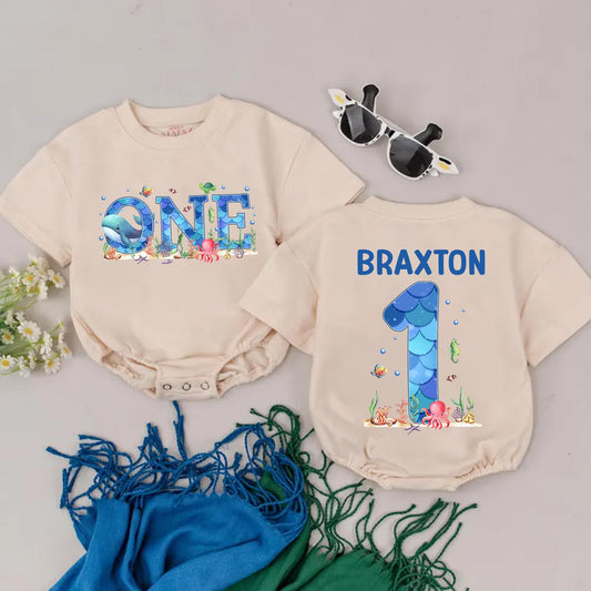 Personalized Braxton's One-der the Sea Birthday Romper: Ocean Theme 1st Birthday Outfit for Baby Boy or Girl, Cake Smash