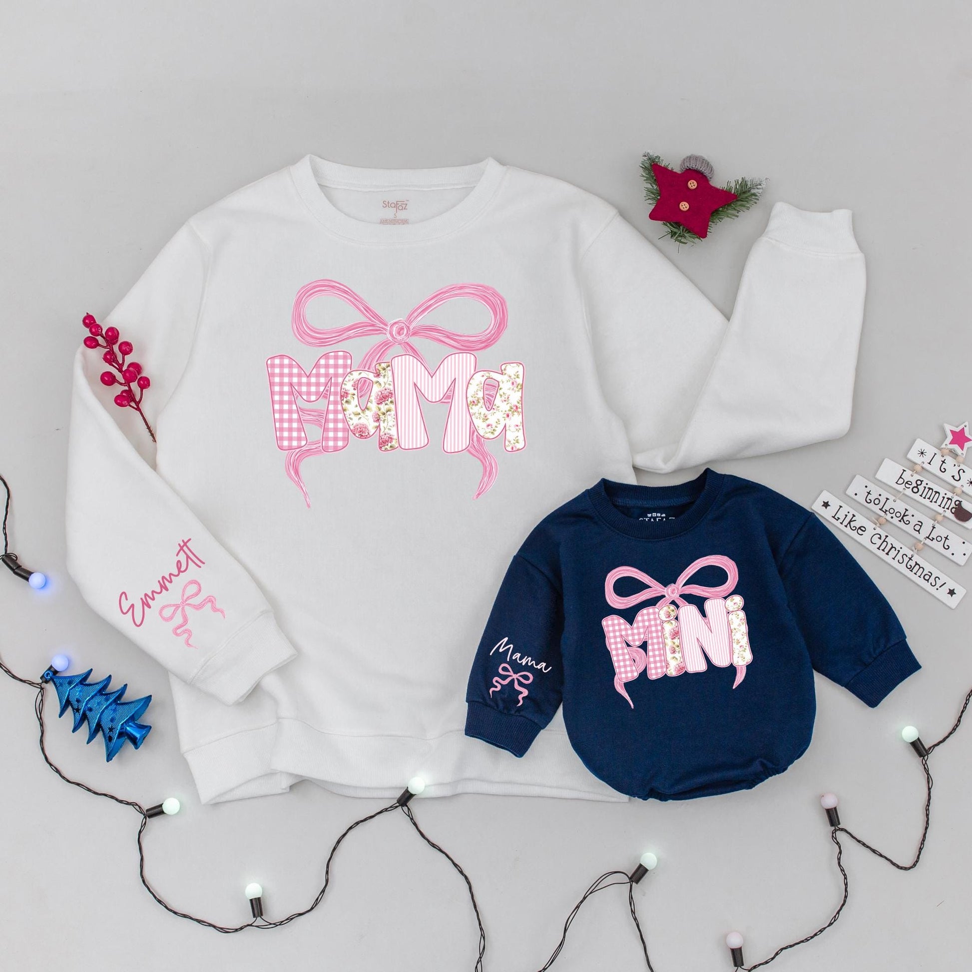 Matching Pink Bow Mama Mini Sweatshirts Custom Name Shirts Mom & Baby Gift Family Outfits Winter Pink Gingham Stripe Floral Design