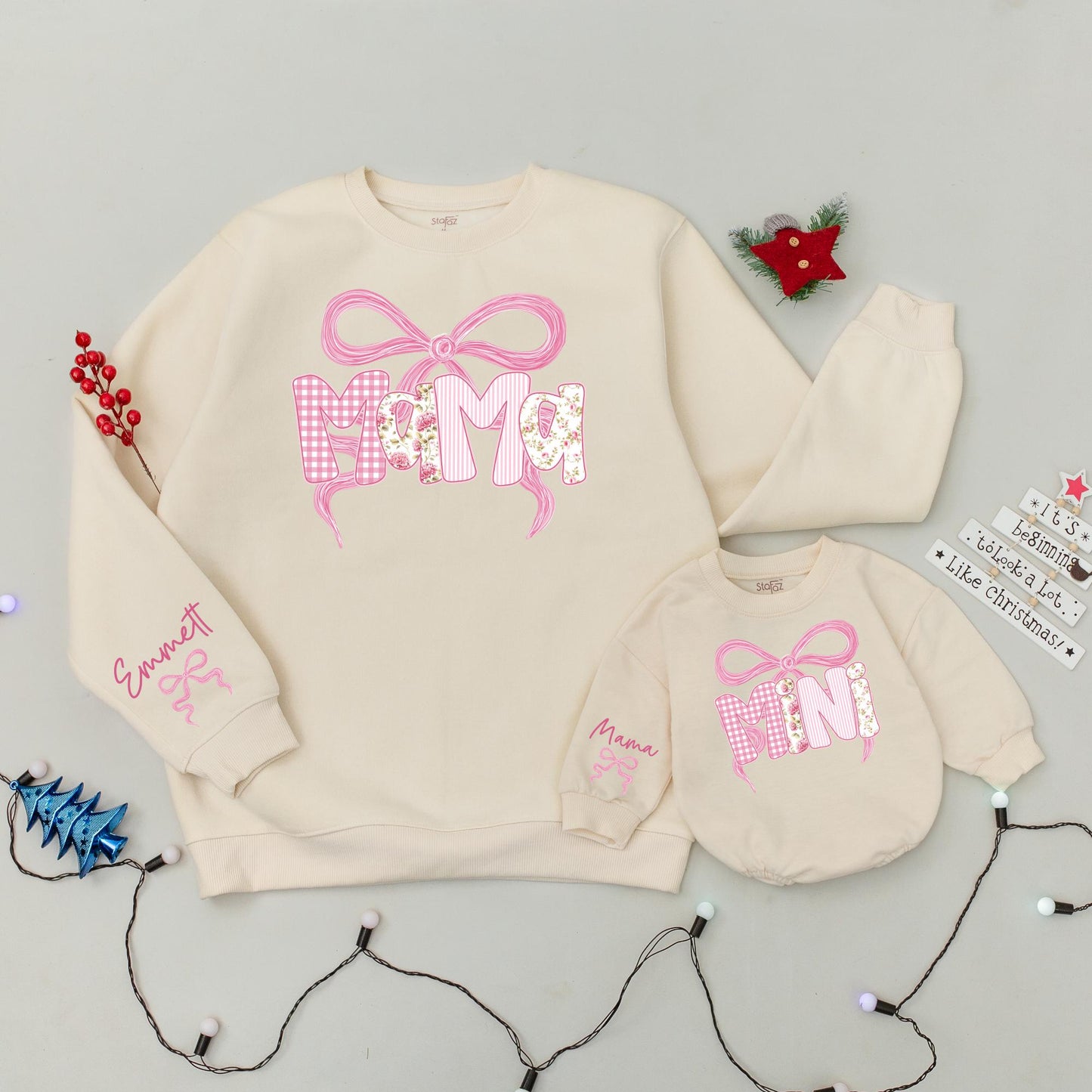 Matching Pink Bow Mama Mini Sweatshirts Custom Name Shirts Mom & Baby Gift Family Outfits Winter Pink Gingham Stripe Floral Design
