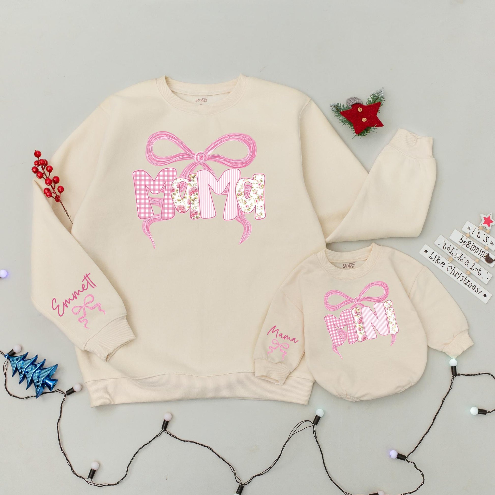 Matching Pink Bow Mama Mini Sweatshirts Custom Name Shirts Mom & Baby Gift Family Outfits Winter Pink Gingham Stripe Floral Design