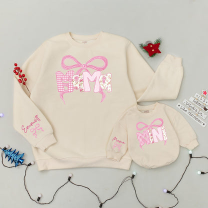 Matching Pink Bow Mama Mini Sweatshirts Custom Name Shirts Mom & Baby Gift Family Outfits Winter Pink Gingham Stripe Floral Design