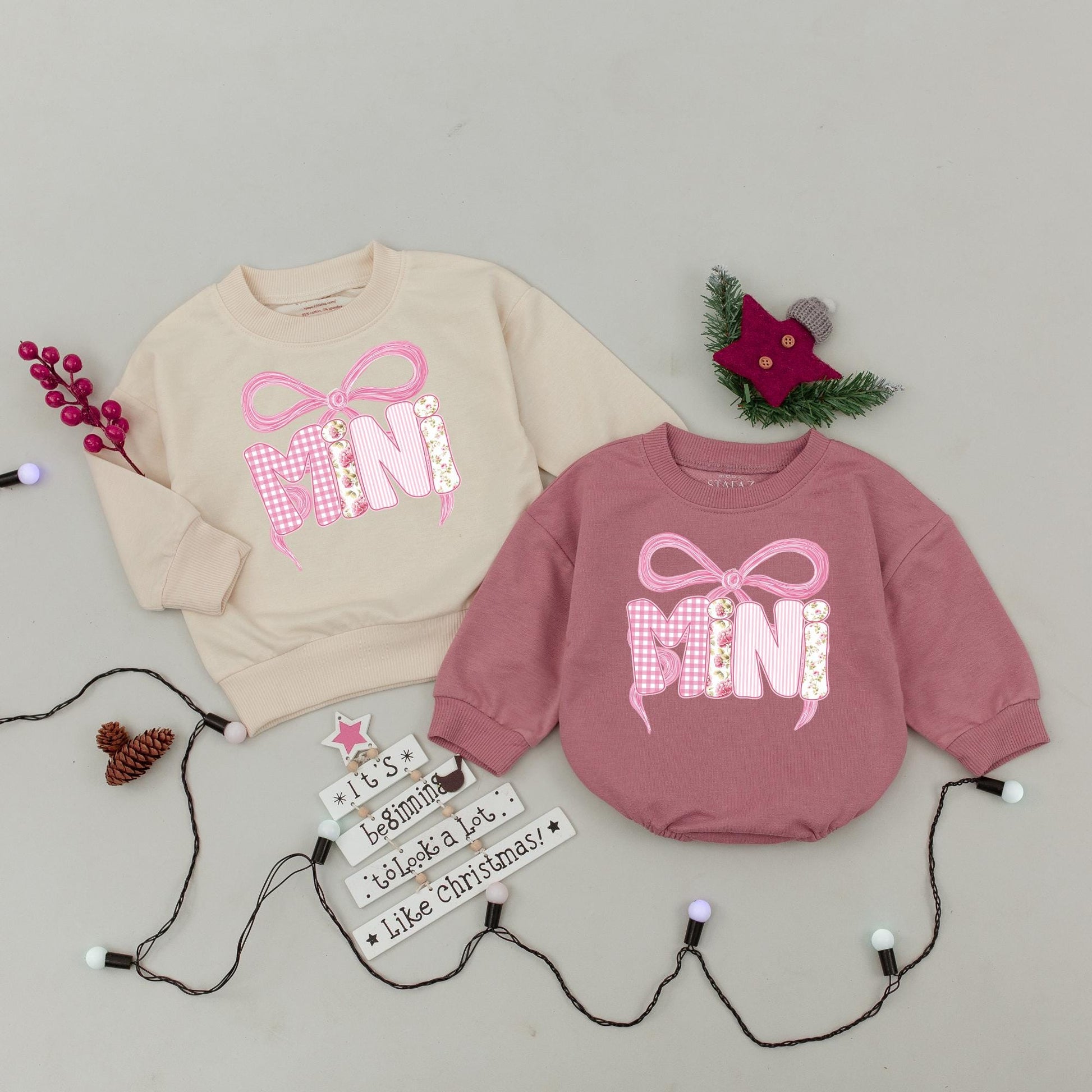 Matching Pink Bow Mama Mini Sweatshirts Custom Name Shirts Mom & Baby Gift Family Outfits Winter Pink Gingham Stripe Floral Design