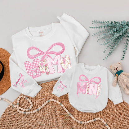 Matching Pink Bow Mama Mini Sweatshirts Custom Name Shirts Mom & Baby Gift Family Outfits Winter Pink Gingham Stripe Floral Design