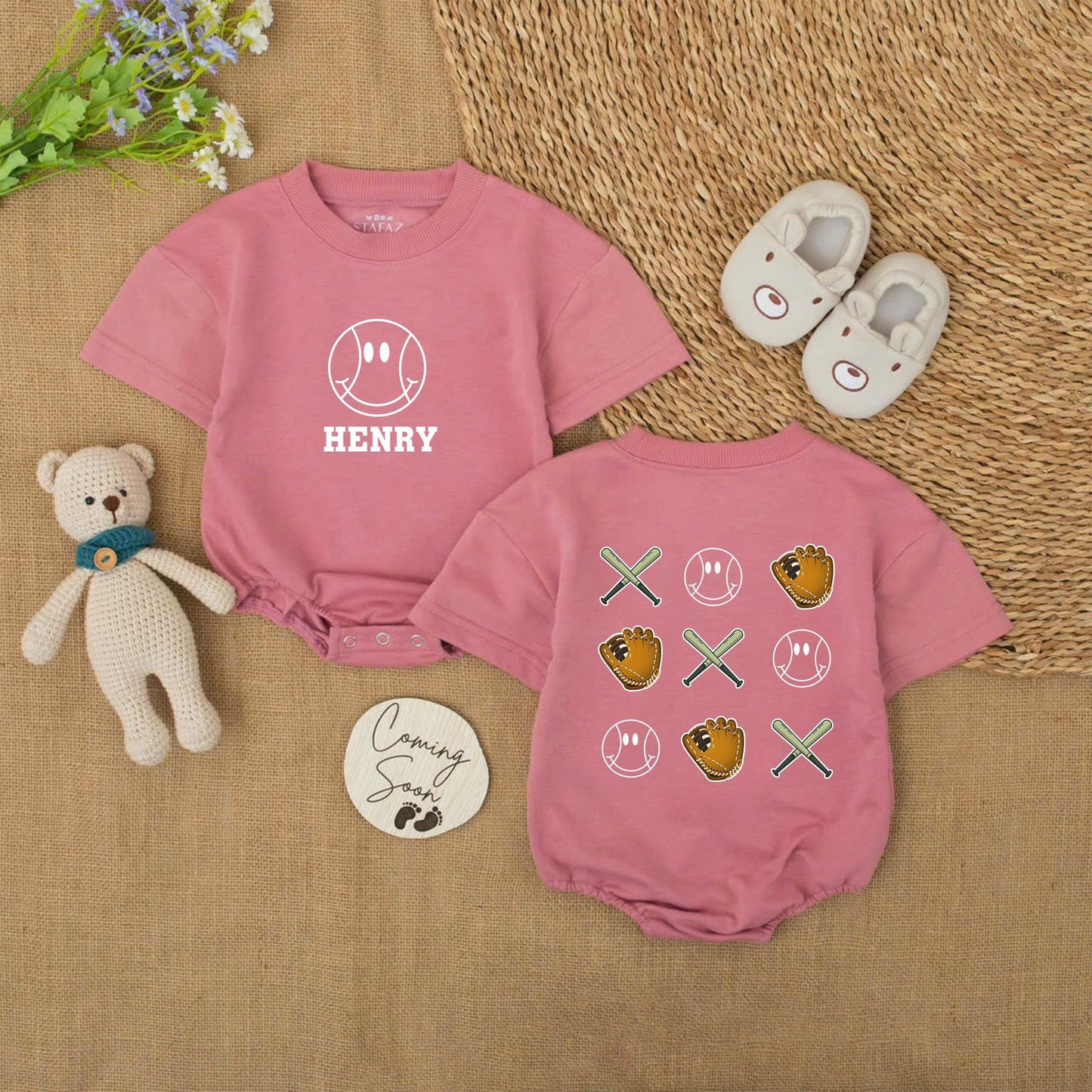 Custom Name Baseball Romper Smile Baby Bodysuit Cute Game Day Outfit Personalized Biggest Fan Little Slugger Baseball Season Short Sleeve Romper