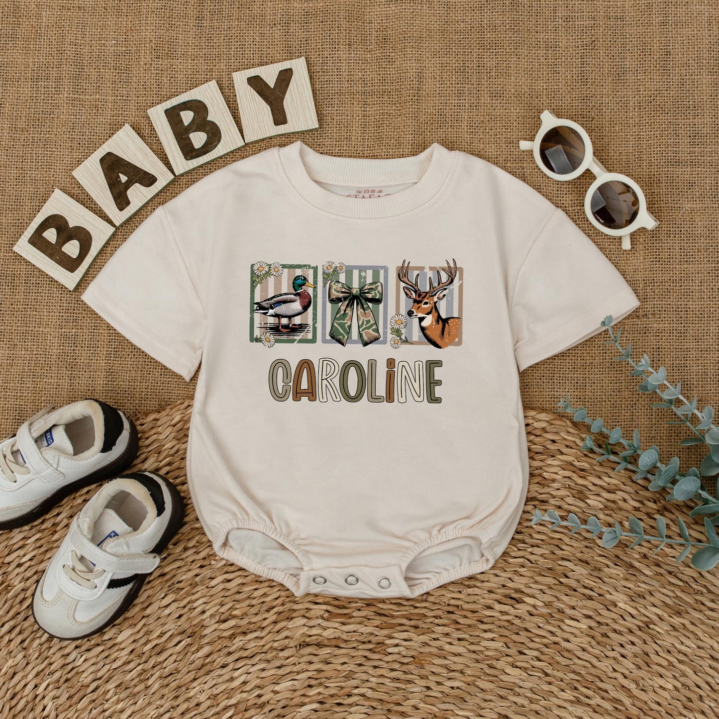 Custom CAROLINE Baby Girl Hunting Romper with Deer Duck Graphics Camo Ribbon Design Newborn Bodysuit Rustic Baby Shower Gift