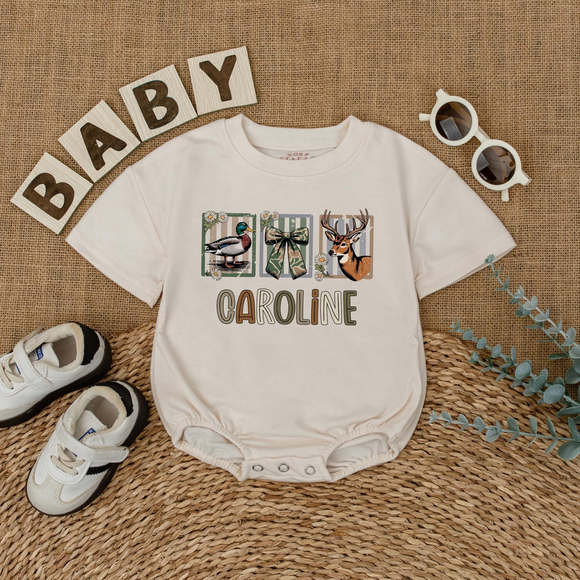 Custom CAROLINE Baby Girl Hunting Romper with Deer Duck Graphics Camo Ribbon Design Newborn Bodysuit Rustic Baby Shower Gift