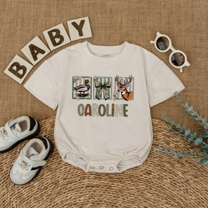 Custom CAROLINE Baby Girl Hunting Romper with Deer Duck Graphics Camo Ribbon Design Newborn Bodysuit Rustic Baby Shower Gift
