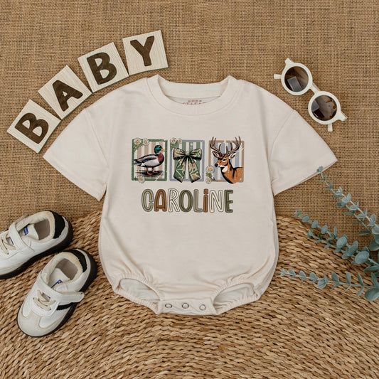 Custom CAROLINE Baby Girl Hunting Romper with Deer Duck Graphics Camo Ribbon Design Newborn Bodysuit Rustic Baby Shower Gift