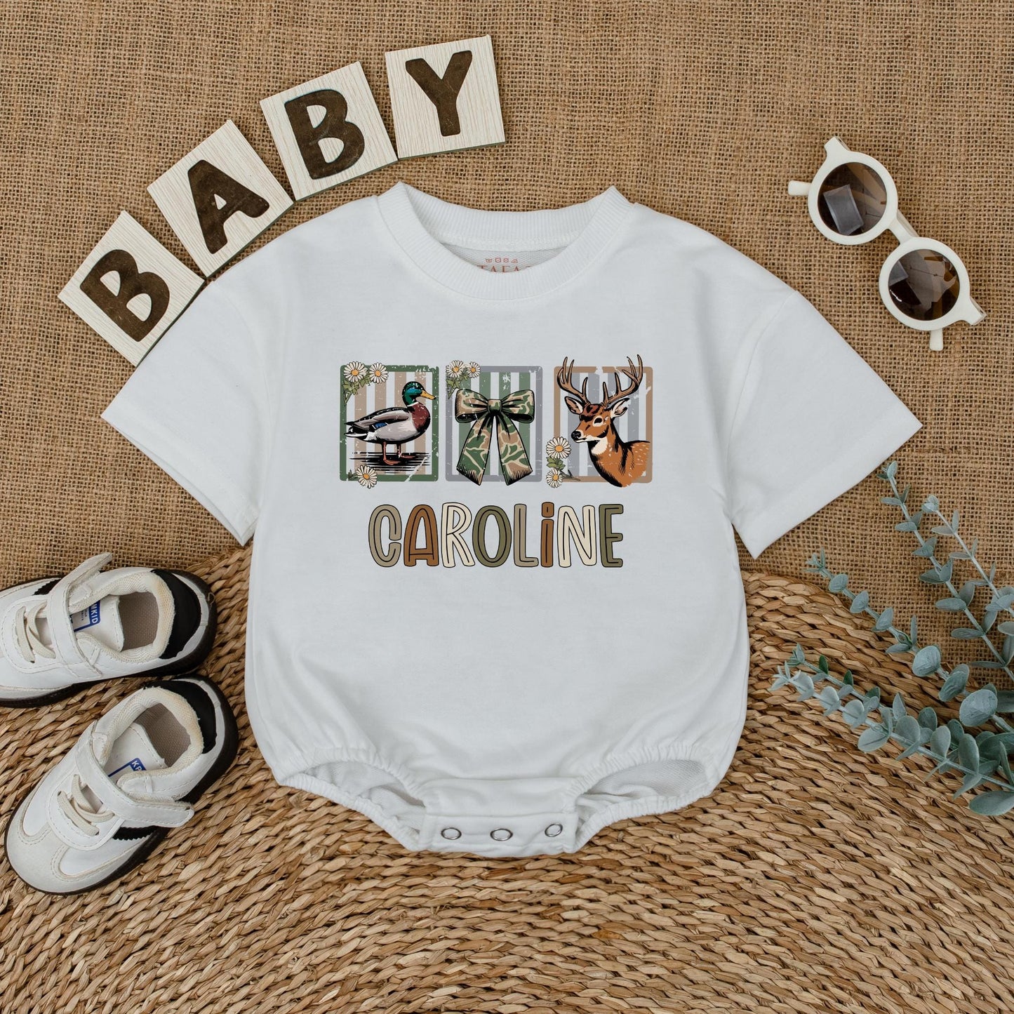 Custom CAROLINE Baby Girl Hunting Romper with Deer Duck Graphics Camo Ribbon Design Newborn Bodysuit Rustic Baby Shower Gift