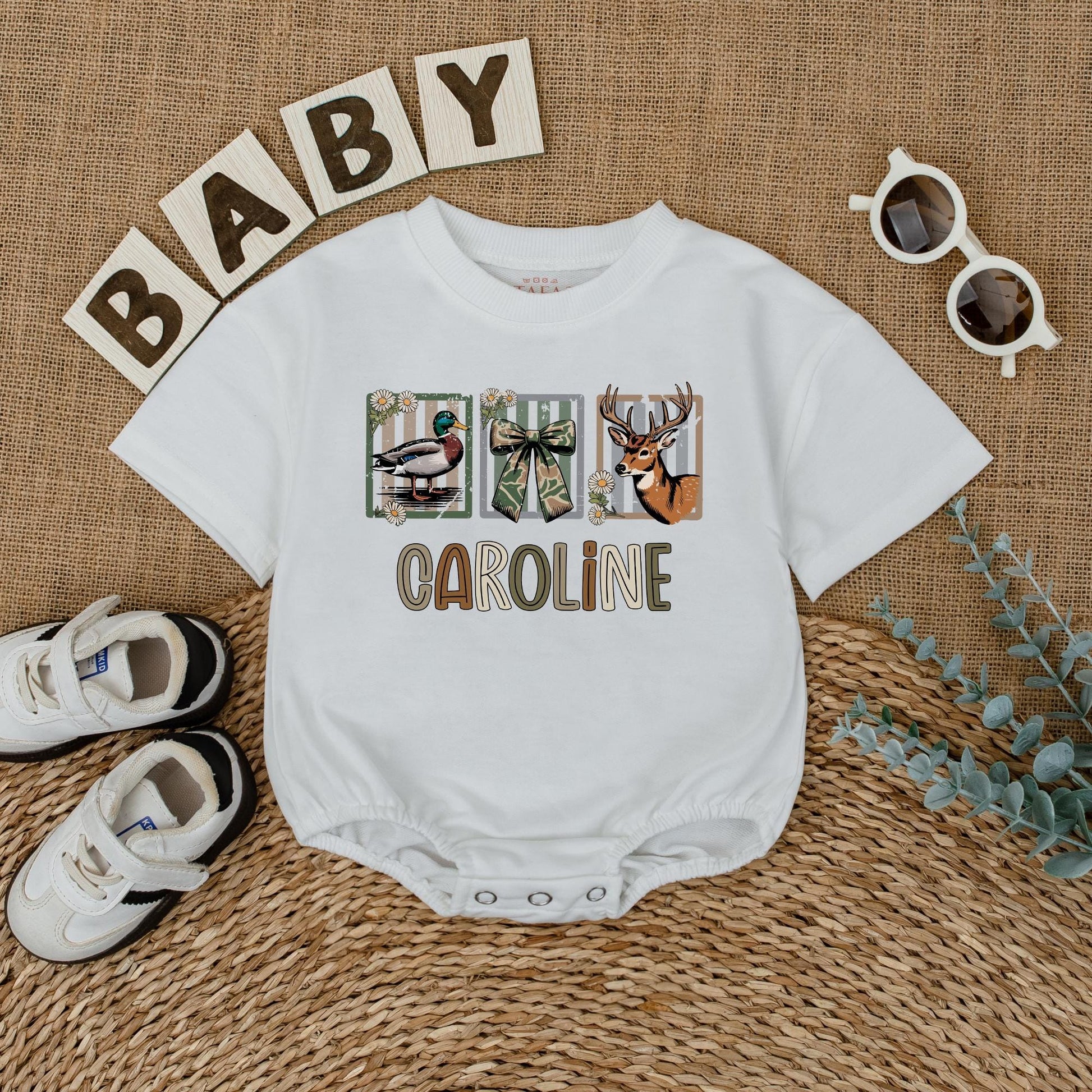 Custom CAROLINE Baby Girl Hunting Romper with Deer Duck Graphics Camo Ribbon Design Newborn Bodysuit Rustic Baby Shower Gift