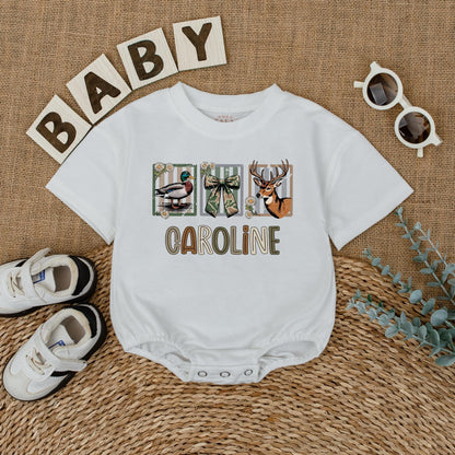 Custom CAROLINE Baby Girl Hunting Romper with Deer Duck Graphics Camo Ribbon Design Newborn Bodysuit Rustic Baby Shower Gift