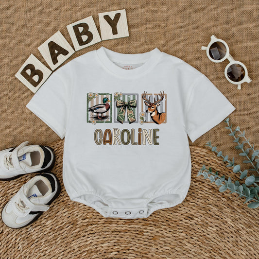 Custom CAROLINE Baby Girl Hunting Romper with Deer Duck Graphics Camo Ribbon Design Newborn Bodysuit Rustic Baby Shower Gift