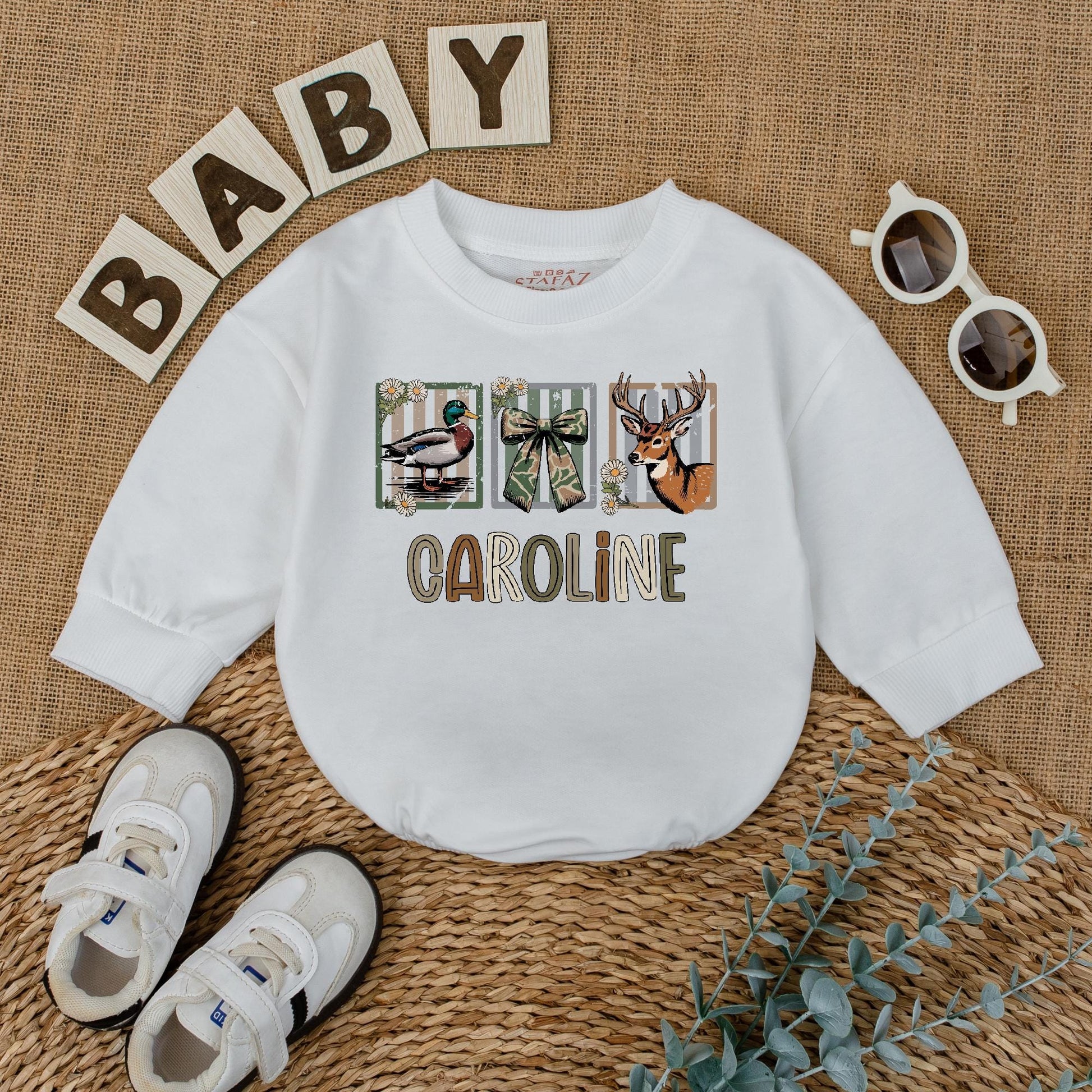 Custom CAROLINE Baby Girl Hunting Romper with Deer Duck Graphics Camo Ribbon Design Newborn Bodysuit Rustic Baby Shower Gift