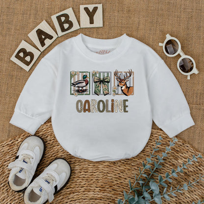 Custom CAROLINE Baby Girl Hunting Romper with Deer Duck Graphics Camo Ribbon Design Newborn Bodysuit Rustic Baby Shower Gift