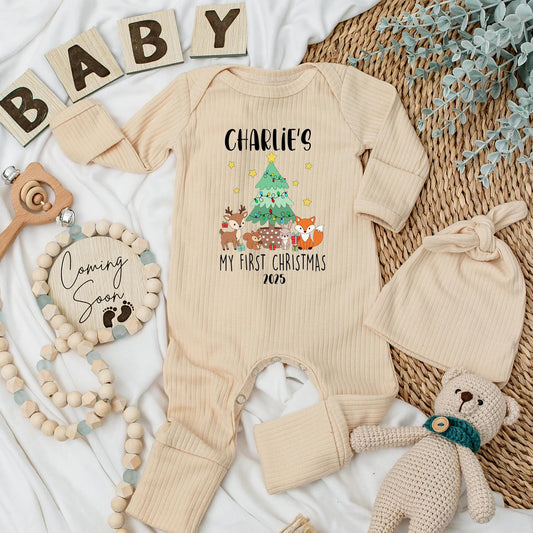 Personalized My First Christmas Baby Bodysuit 2025, Woodland Animals Outfit, Custom Name, Cute Festive Newborn Gift, Xmas Tree Deer Fox Clothes (137 chars)