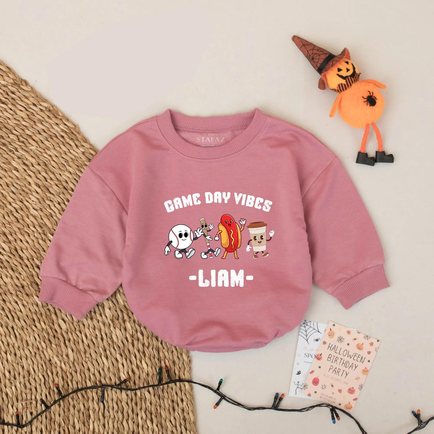Custom Liam's Game Day Vibes Bodysuit, Cartoon Baseball Hot Dog & Bubble Tea Romper, Funny Sports Outfit, Cheerful Baby Clothes, Unique Newborn Gift 