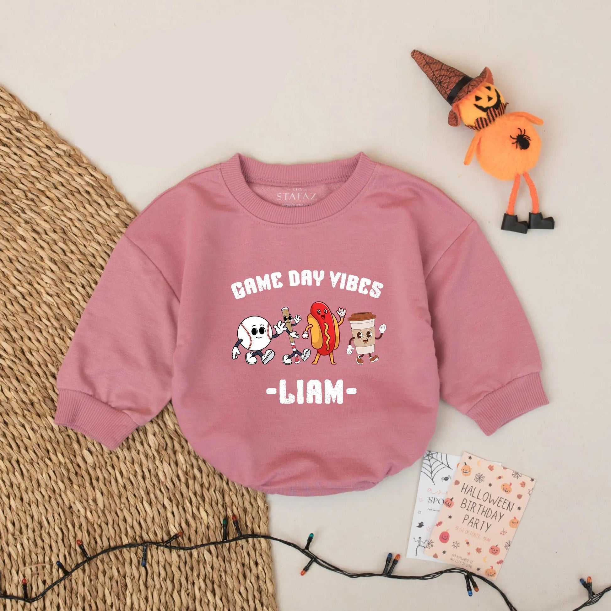 Custom Liam's Game Day Vibes Bodysuit, Cartoon Baseball Hot Dog & Bubble Tea Romper, Funny Sports Outfit, Cheerful Baby Clothes, Unique Newborn Gift 