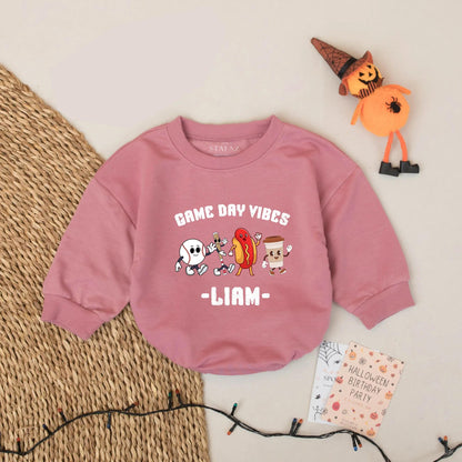 Custom Liam's Game Day Vibes Bodysuit, Cartoon Baseball Hot Dog & Bubble Tea Romper, Funny Sports Outfit, Cheerful Baby Clothes, Unique Newborn Gift 