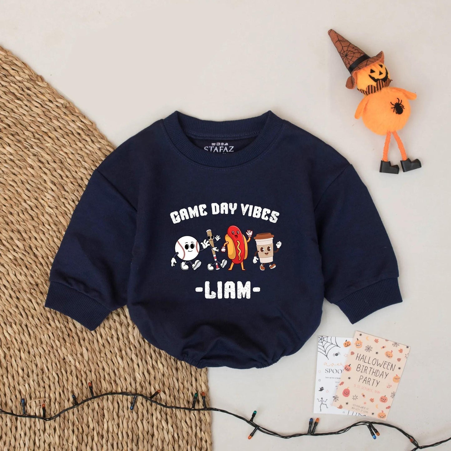 Custom Liam's Game Day Vibes Bodysuit, Cartoon Baseball Hot Dog & Bubble Tea Romper, Funny Sports Outfit, Cheerful Baby Clothes, Unique Newborn Gift 