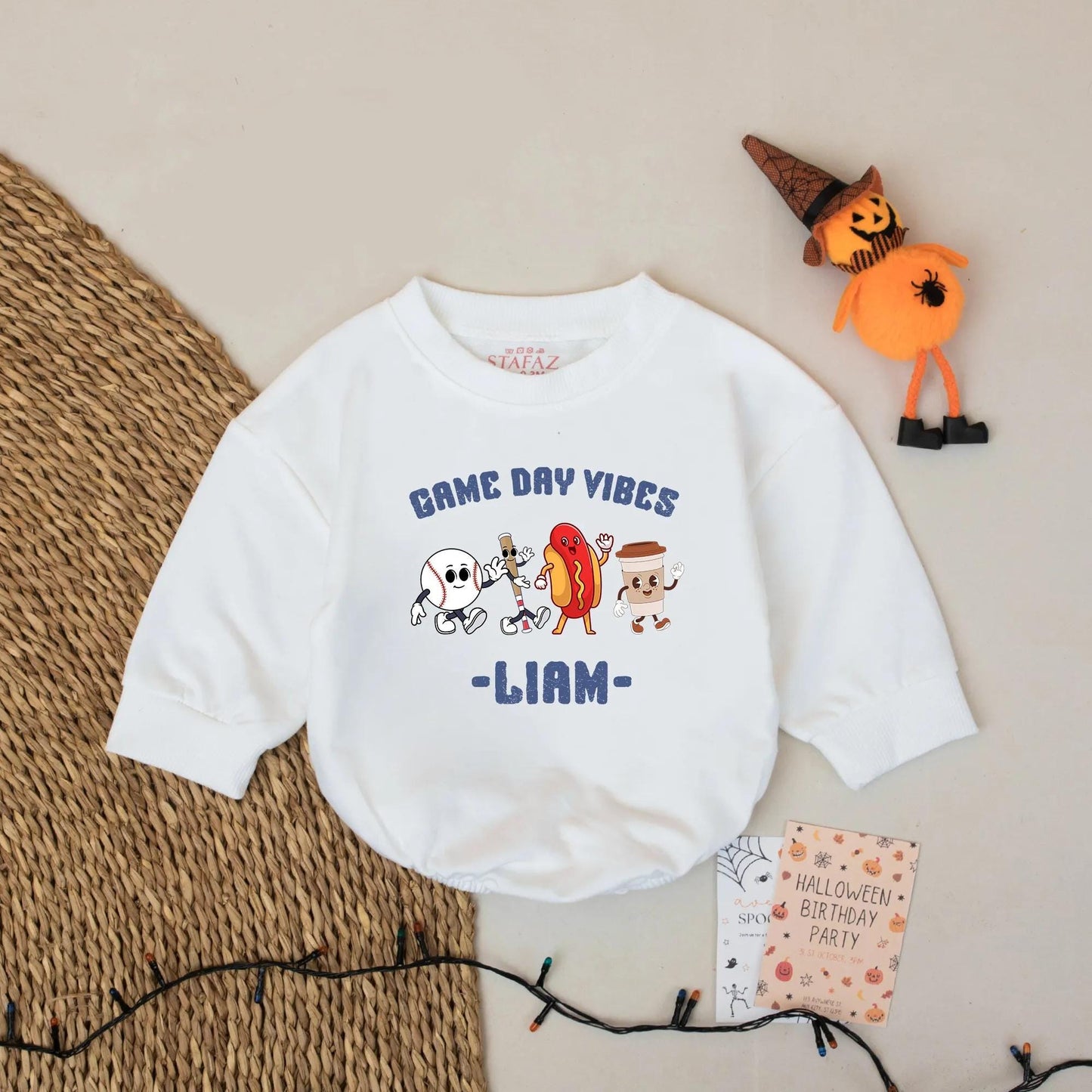 Custom Liam's Game Day Vibes Bodysuit, Cartoon Baseball Hot Dog & Bubble Tea Romper, Funny Sports Outfit, Cheerful Baby Clothes, Unique Newborn Gift 