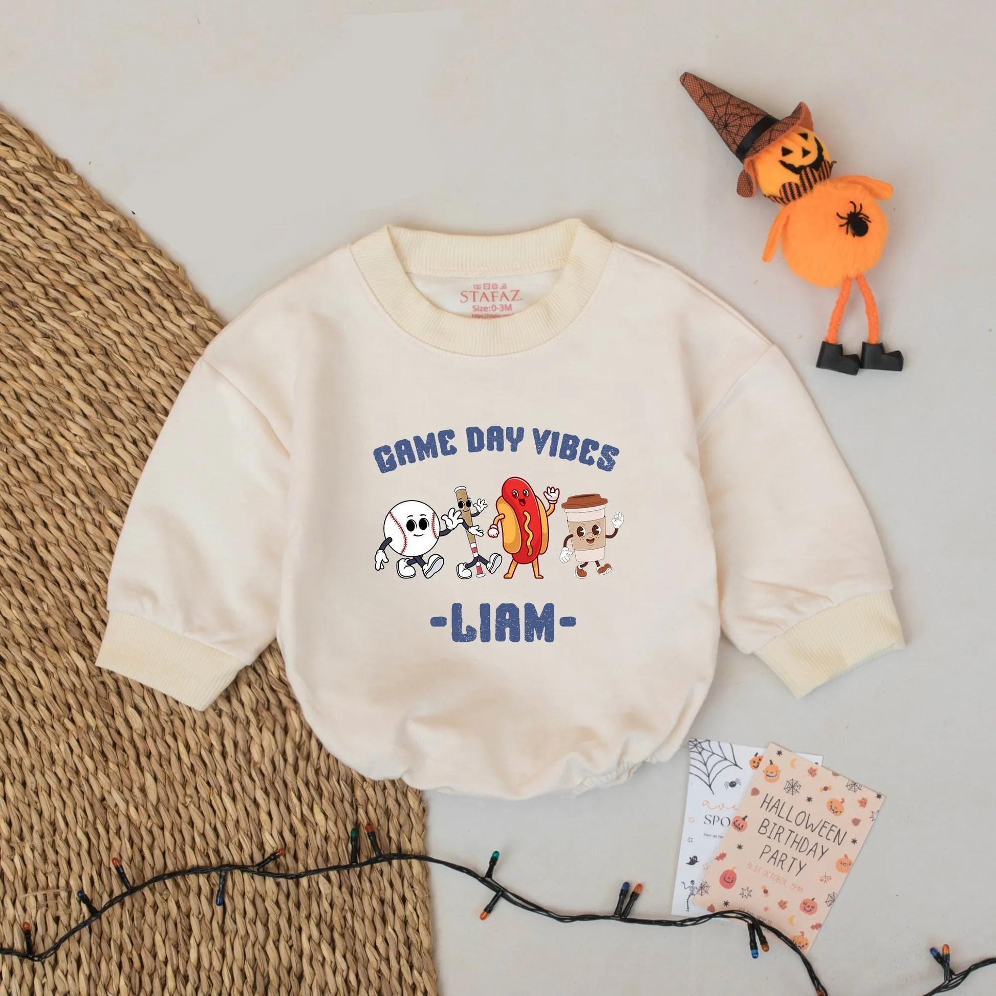 Custom Liam's Game Day Vibes Bodysuit, Cartoon Baseball Hot Dog & Bubble Tea Romper, Funny Sports Outfit, Cheerful Baby Clothes, Unique Newborn Gift 