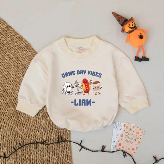 Custom Liam's Game Day Vibes Bodysuit, Cartoon Baseball Hot Dog & Bubble Tea Romper, Funny Sports Outfit, Cheerful Baby Clothes, Unique Newborn Gift 