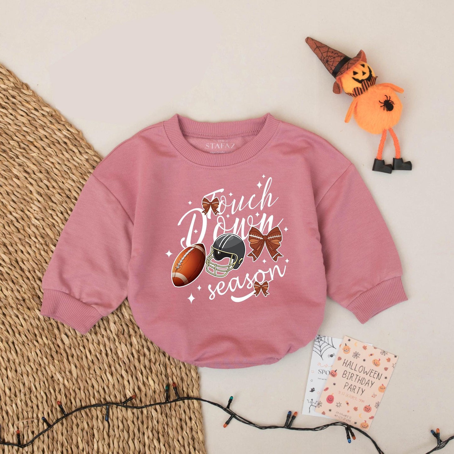 Touch Down Season Baby Boy Football Bubble Romper Game Day Bodysuit Festive Helmet and Brown Bow Graphics Infant Toddler Shower Gift