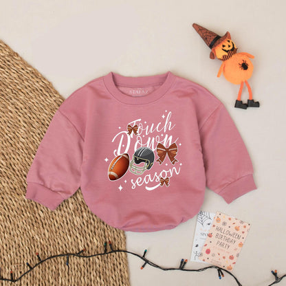 Touch Down Season Baby Boy Football Bubble Romper Game Day Bodysuit Festive Helmet and Brown Bow Graphics Infant Toddler Shower Gift