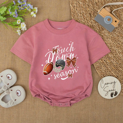 Touch Down Season Baby Boy Football Bubble Romper Game Day Bodysuit Festive Helmet and Brown Bow Graphics Infant Toddler Shower Gift