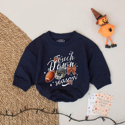 Touch Down Season Baby Boy Football Bubble Romper Game Day Bodysuit Festive Helmet and Brown Bow Graphics Infant Toddler Shower Gift