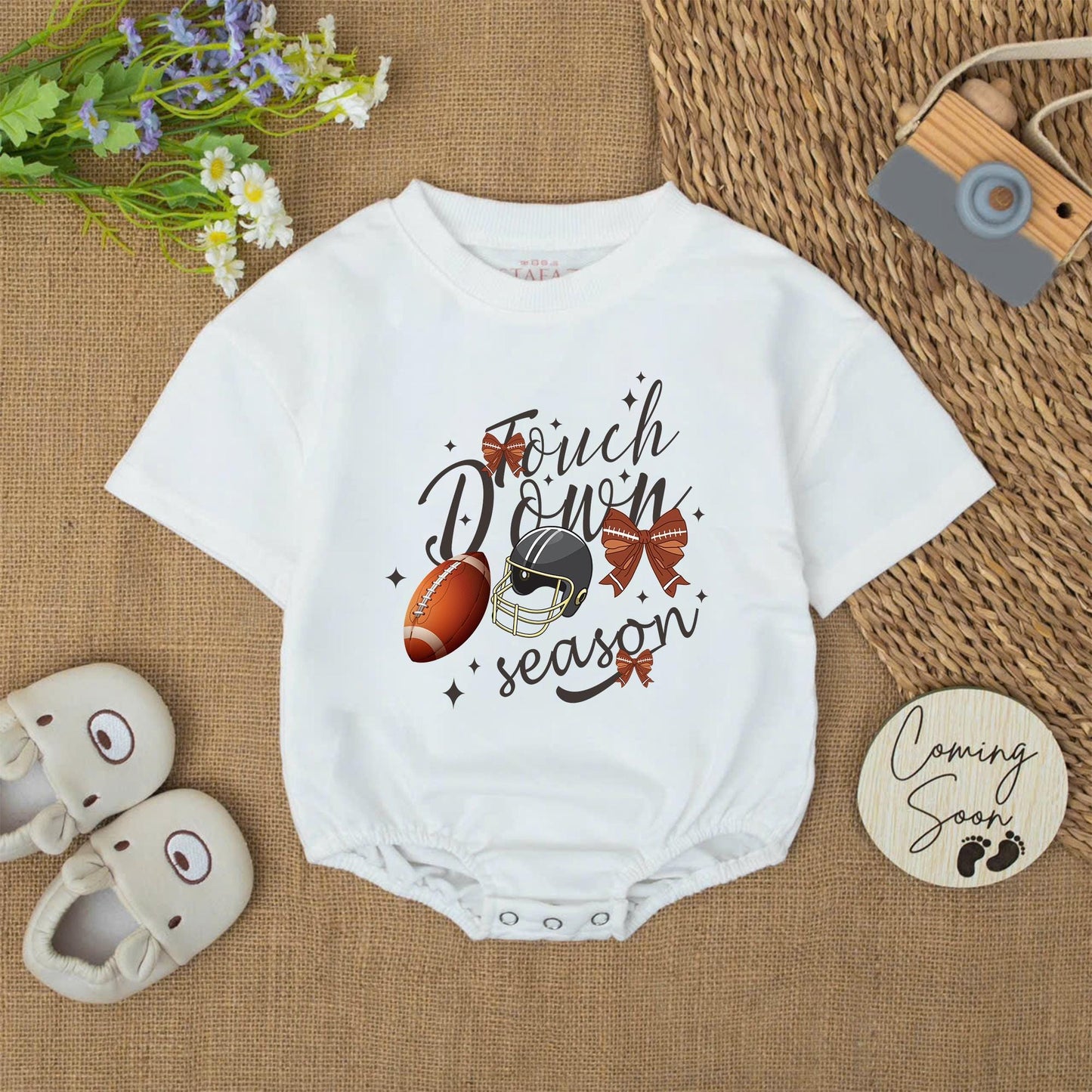 Touch Down Season Baby Boy Football Bubble Romper Game Day Bodysuit Festive Helmet and Brown Bow Graphics Infant Toddler Shower Gift
