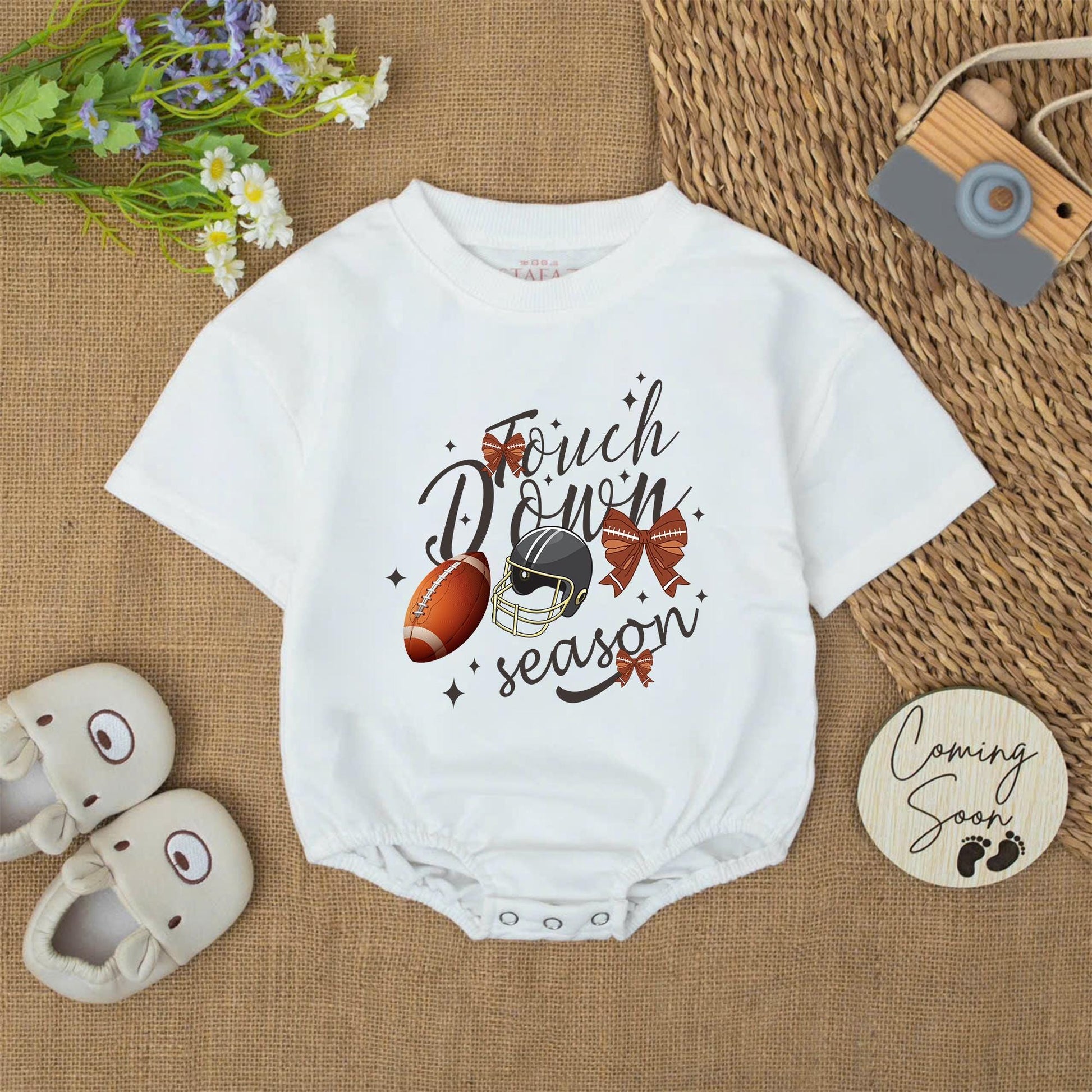 Touch Down Season Baby Boy Football Bubble Romper Game Day Bodysuit Festive Helmet and Brown Bow Graphics Infant Toddler Shower Gift