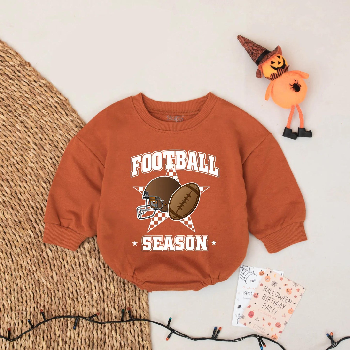 Football Season Baby Bubble Romper Game Day Helmet Star Checkerboard Design Brown Shades Playful Sporty Bodysuit Newborn Outfit Fall Clothes