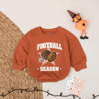 Football Season Baby Bubble Romper Game Day Helmet Star Checkerboard Design Brown Shades Playful Sporty Bodysuit Newborn Outfit Fall Clothes