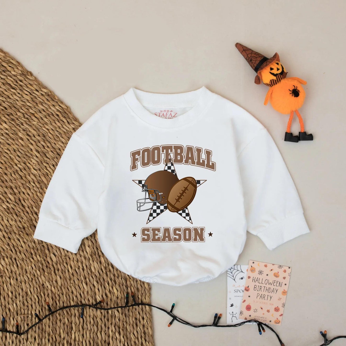 Football Season Baby Bubble Romper Game Day Helmet Star Checkerboard Design Brown Shades Playful Sporty Bodysuit Newborn Outfit Fall Clothes
