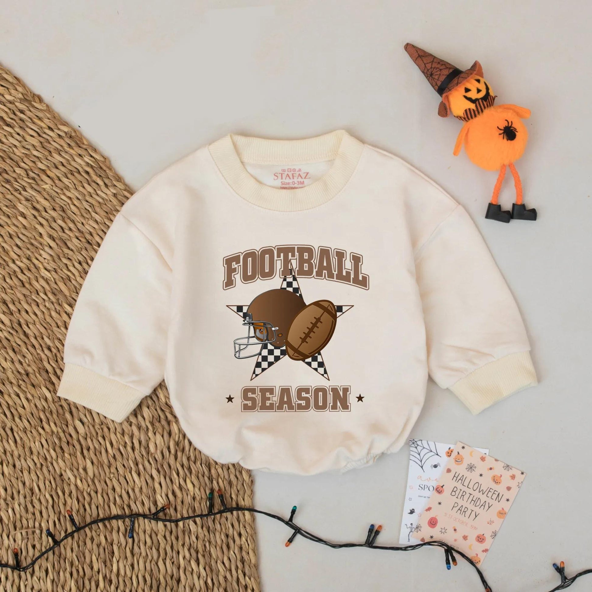 Football Season Baby Bubble Romper Game Day Helmet Star Checkerboard Design Brown Shades Playful Sporty Bodysuit Newborn Outfit Fall Clothes