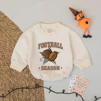 Football Season Baby Bubble Romper Game Day Helmet Star Checkerboard Design Brown Shades Playful Sporty Bodysuit Newborn Outfit Fall Clothes