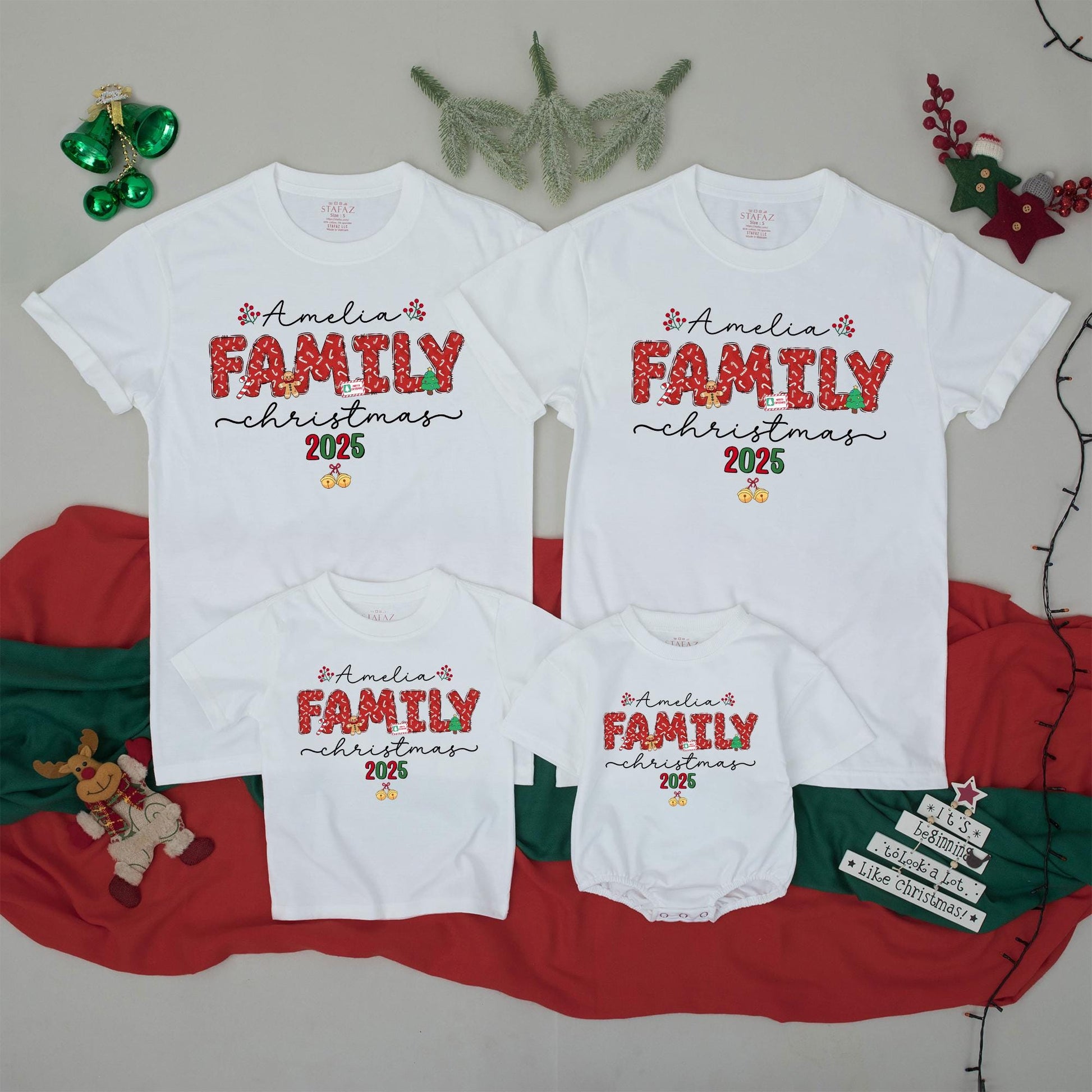 Custom Name Matching Family Christmas 2025 Shirts featuring Candy Cane FAMILY, Red Berries & Gold Bells Festive Holiday Party Group Vacation Outfits