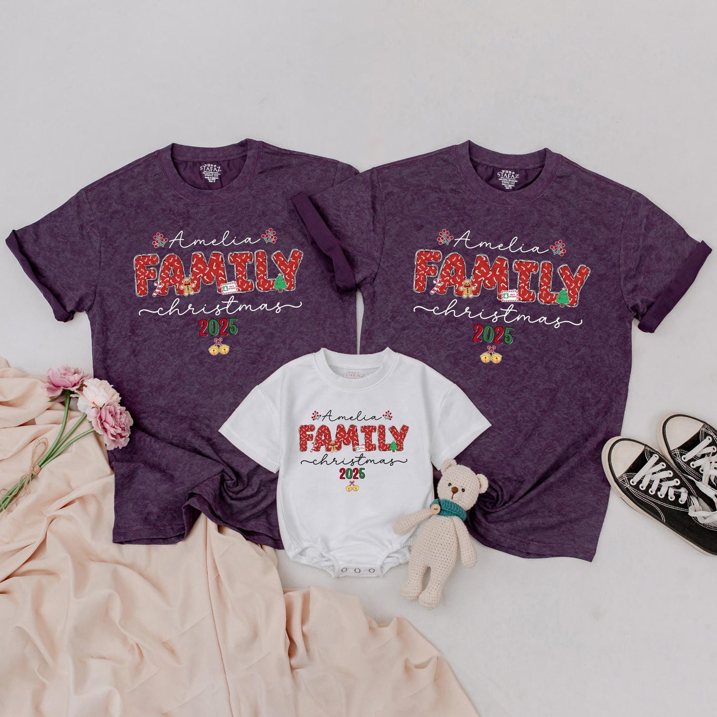 Custom Name Matching Family Christmas 2025 Shirts featuring Candy Cane FAMILY, Red Berries & Gold Bells Festive Holiday Party Group Vacation Outfits