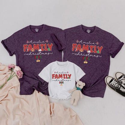 Custom Name Matching Family Christmas 2025 Shirts featuring Candy Cane FAMILY, Red Berries & Gold Bells Festive Holiday Party Group Vacation Outfits