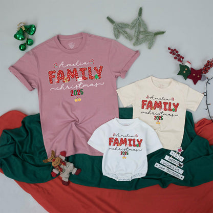 Custom Name Matching Family Christmas 2025 Shirts featuring Candy Cane FAMILY, Red Berries & Gold Bells Festive Holiday Party Group Vacation Outfits