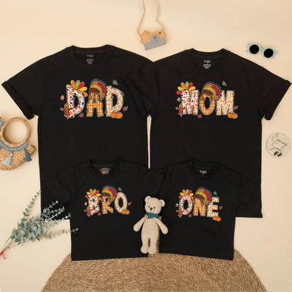 One Little Turkey Family Matching Thanksgiving Outfits DAD MOM BRO Cute Birthday Boys Girls Plaid Pumpkin Feather Headdress