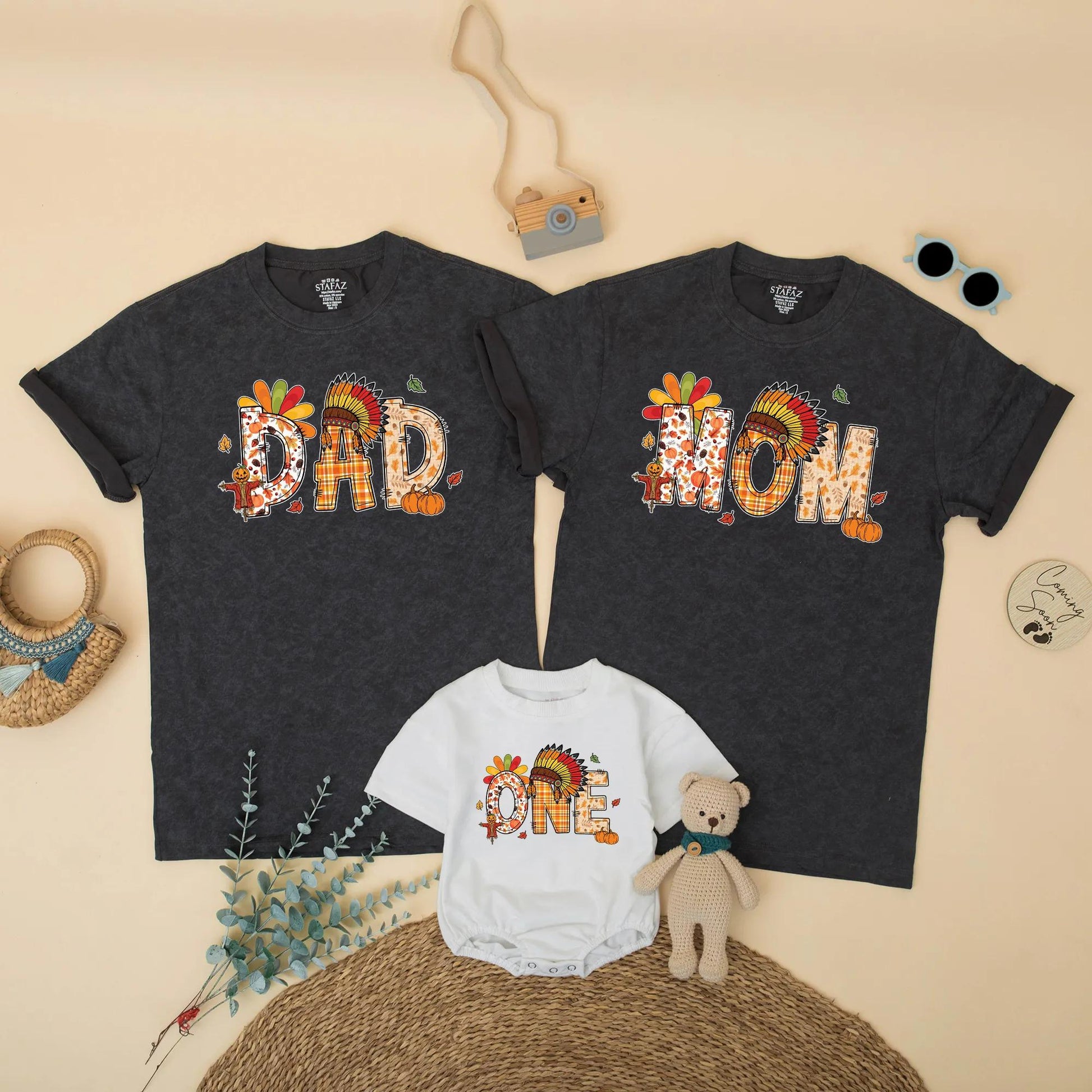 One Little Turkey Family Matching Thanksgiving Outfits DAD MOM BRO Cute Birthday Boys Girls Plaid Pumpkin Feather Headdress